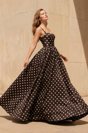Square Neck Polka Dot Backless Gown in Black - SHE IS ME PROM DRESSES
