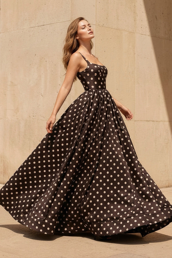 Square Neck Polka Dot Backless Gown in Black - SHE IS ME PROM DRESSES