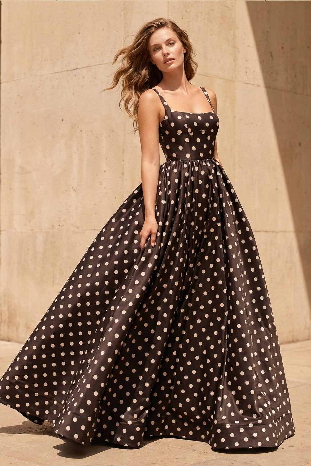 Square Neck Polka Dot Backless Gown in Black - SHE IS ME