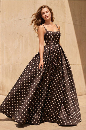 Square Neck Polka Dot Backless Gown in Black - SHE IS ME