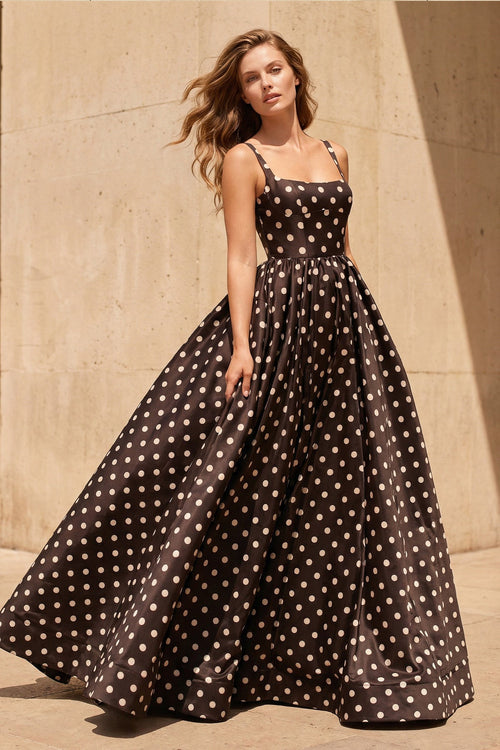 Square Neck Polka Dot Backless Gown in Black - SHE IS ME