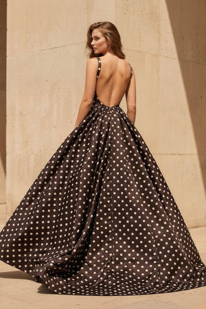 Square Neck Polka Dot Backless Gown in Black - SHE IS ME