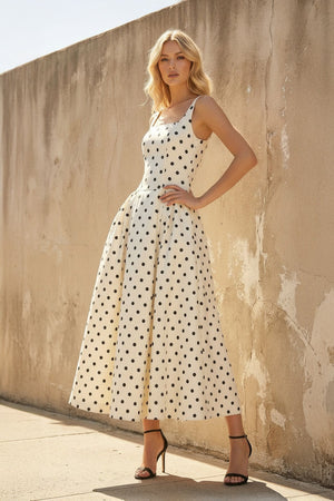 Square Neck Polka Dot Midi Dress in Ivory - SHE IS ME