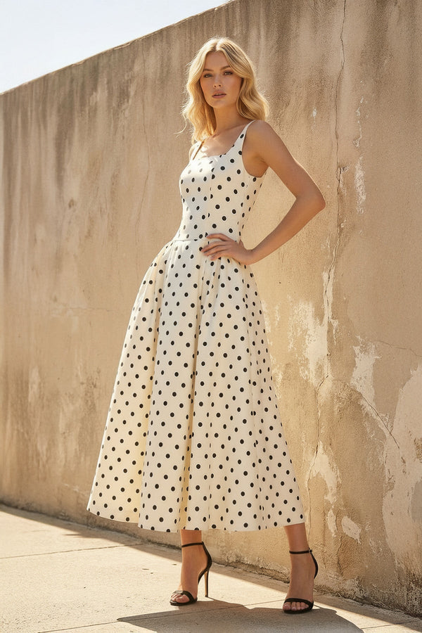Square Neck Polka Dot Midi Dress in Ivory - SHE IS ME