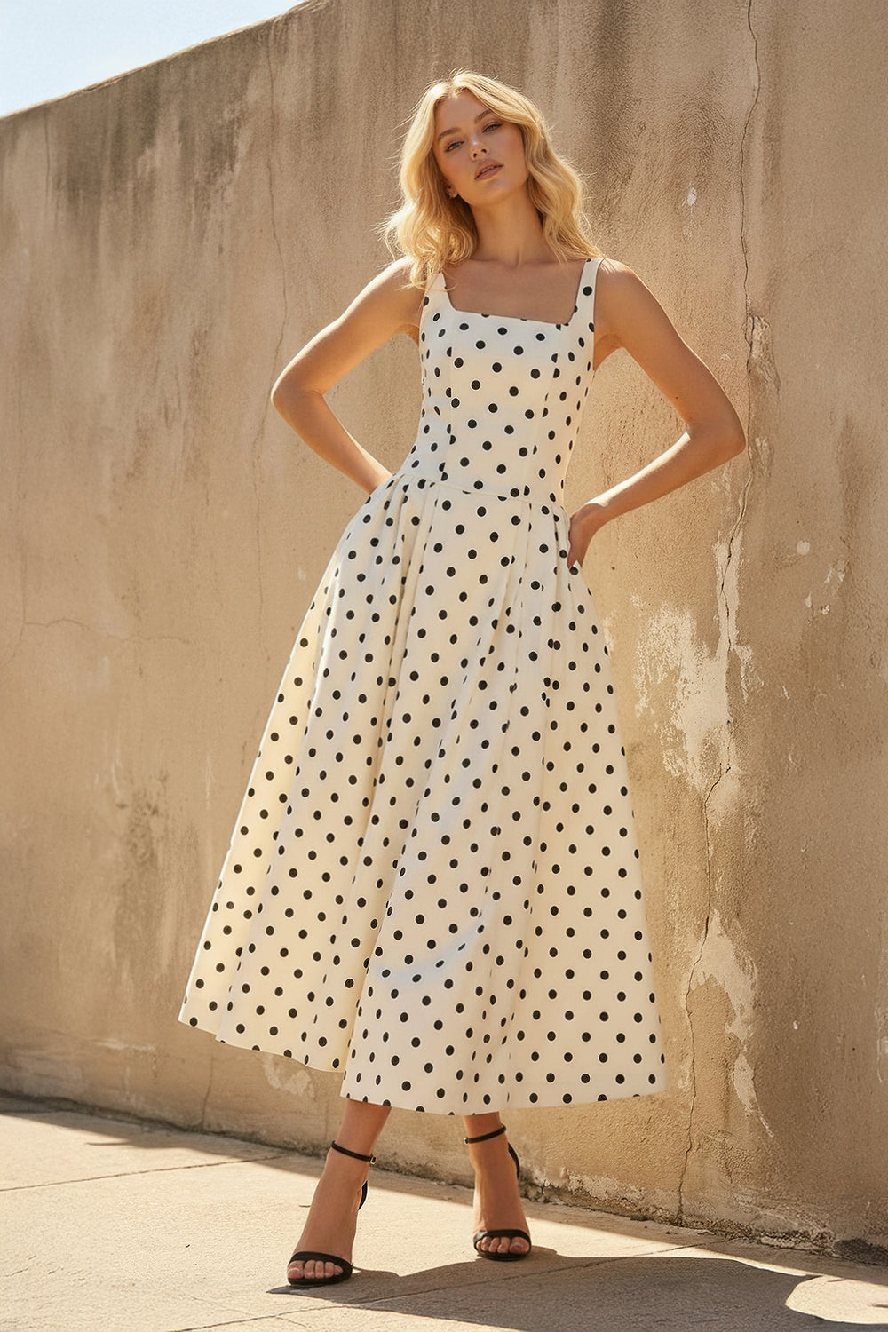 Sheisme-White Square-Neck Taffeta A-Line Midi Polka Dot Evening Formal Dress