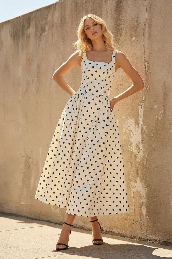Sheisme-White Square-Neck Taffeta A-Line Midi Polka Dot Evening Formal Dress