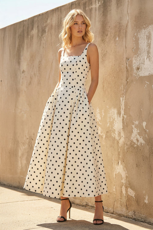 Sheisme-White Square-Neck Taffeta A-Line Midi Polka Dot Evening Formal Dress