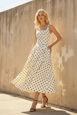 Sheisme-White Square-Neck Taffeta A-Line Midi Polka Dot Evening Formal Dress