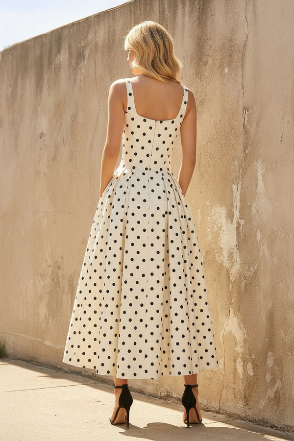 Sheisme-White Square-Neck Taffeta A-Line Midi Polka Dot Evening Formal Dress