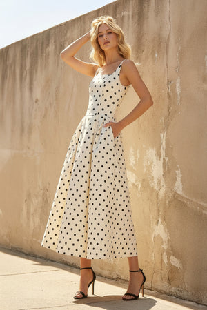 Sheisme-White Square-Neck Taffeta A-Line Midi Polka Dot Evening Formal Dress