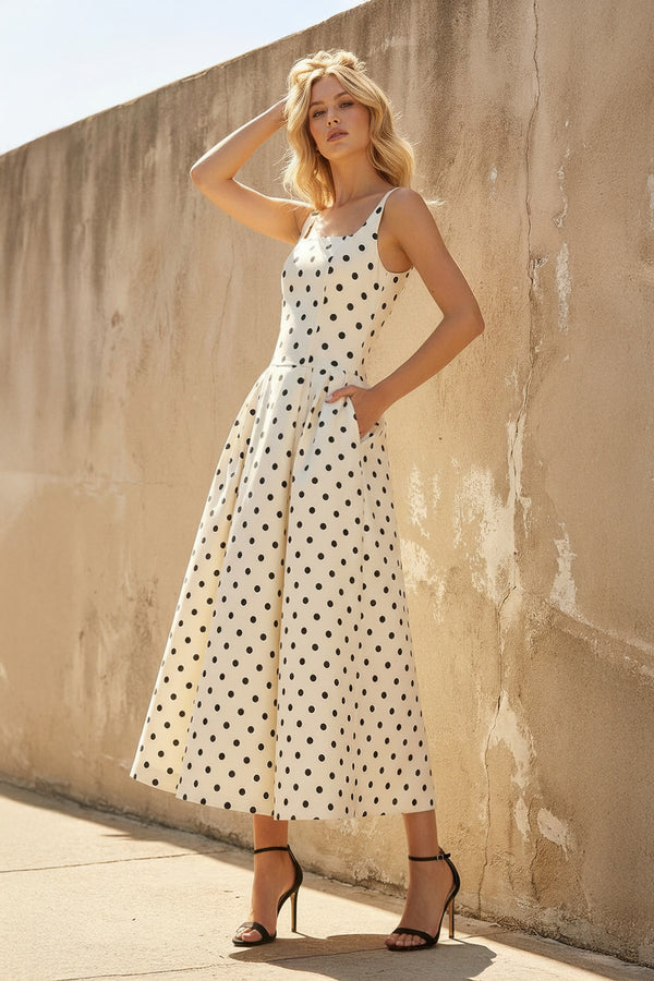 Sheisme-White Square-Neck Taffeta A-Line Midi Polka Dot Evening Formal Dress