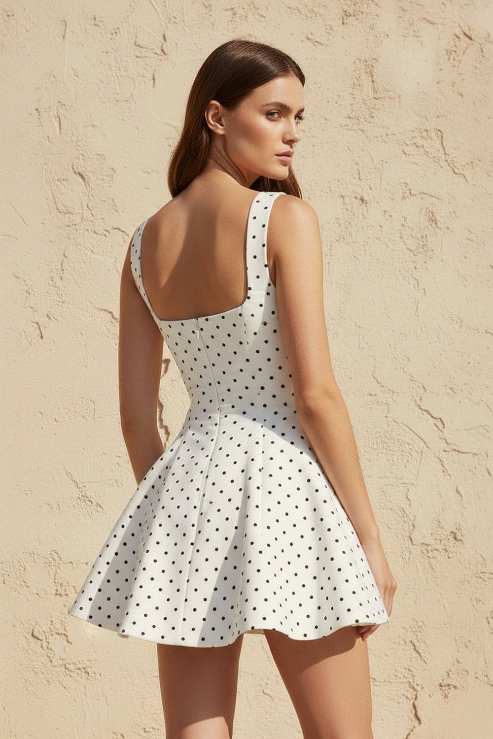 Square Neck Polka Dot Mini Dress in White - SHE IS ME