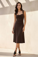 Square Neck Ruched Midi Dress in Brown - SHE IS ME