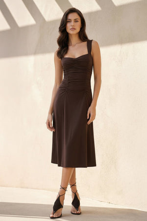 Square Neck Ruched Midi Dress in Brown - SHE IS ME