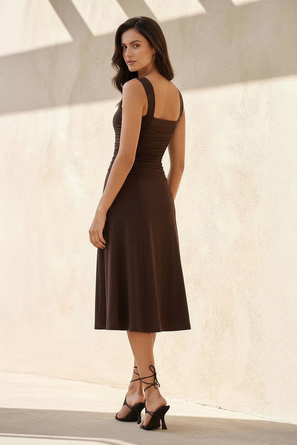 Square Neck Ruched Midi Dress in Brown - SHE IS ME