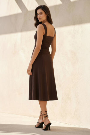 Square Neck Ruched Midi Dress in Brown - SHE IS ME
