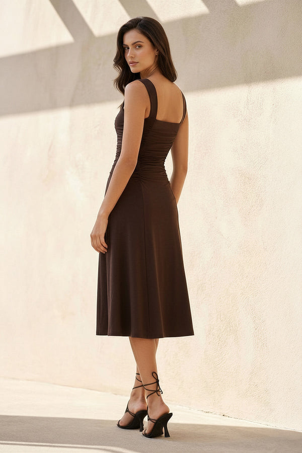 Square Neck Ruched Midi Dress in Brown - SHE IS ME