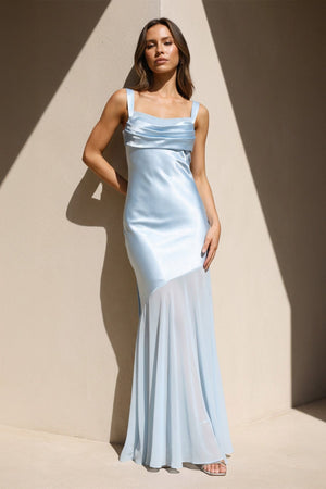 Square Neck Ruched Satin Maxi Dress in Sky Blue - SHE IS ME