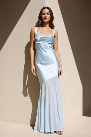 Square Neck Ruched Satin Maxi Dress in Sky Blue - SHE IS ME