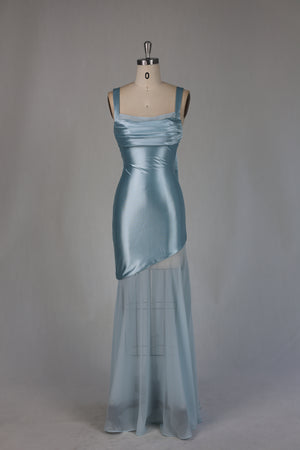 Square Neck Ruched Satin Maxi Dress in Sky Blue