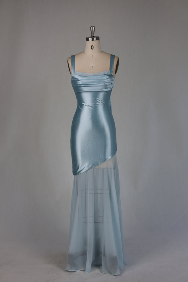 Square Neck Ruched Satin Maxi Dress in Sky Blue