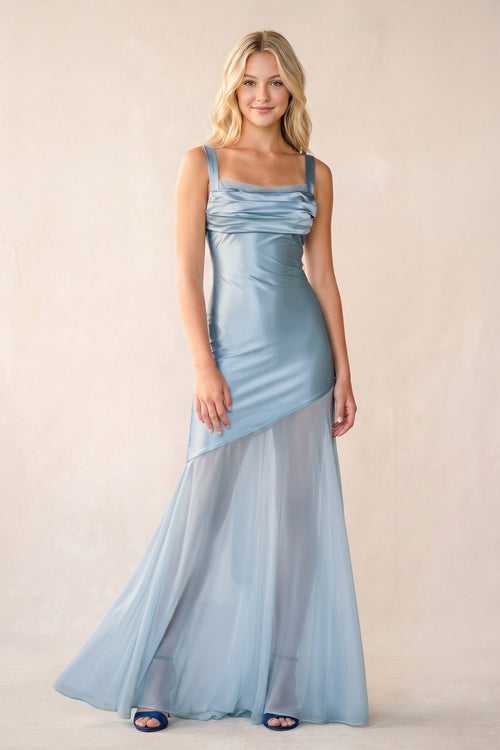 Square Neck Ruched Satin Maxi Dress in Sky Blue