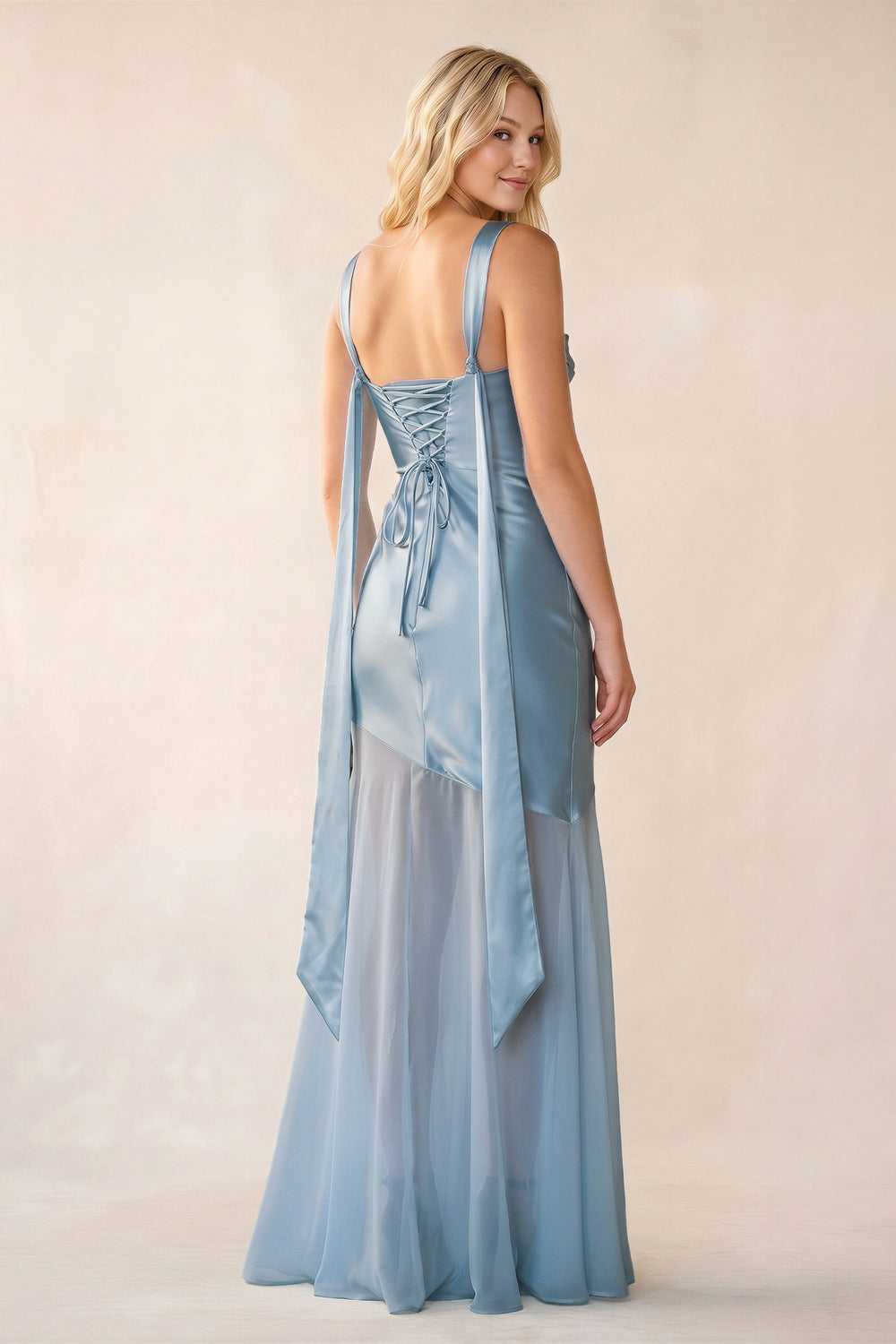 Square Neck Ruched Satin Maxi Dress in Sky Blue