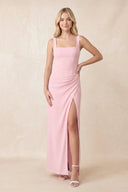 Square Neck Ruched Sheath Chiffon Maxi Dress with Slit in Candy Pink - SHE IS ME Dresses