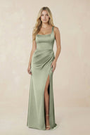 Square Neck Ruched Sheath Satin Bridesmaid Dress in Matcha - SHE IS ME Bridesmaid Dresses