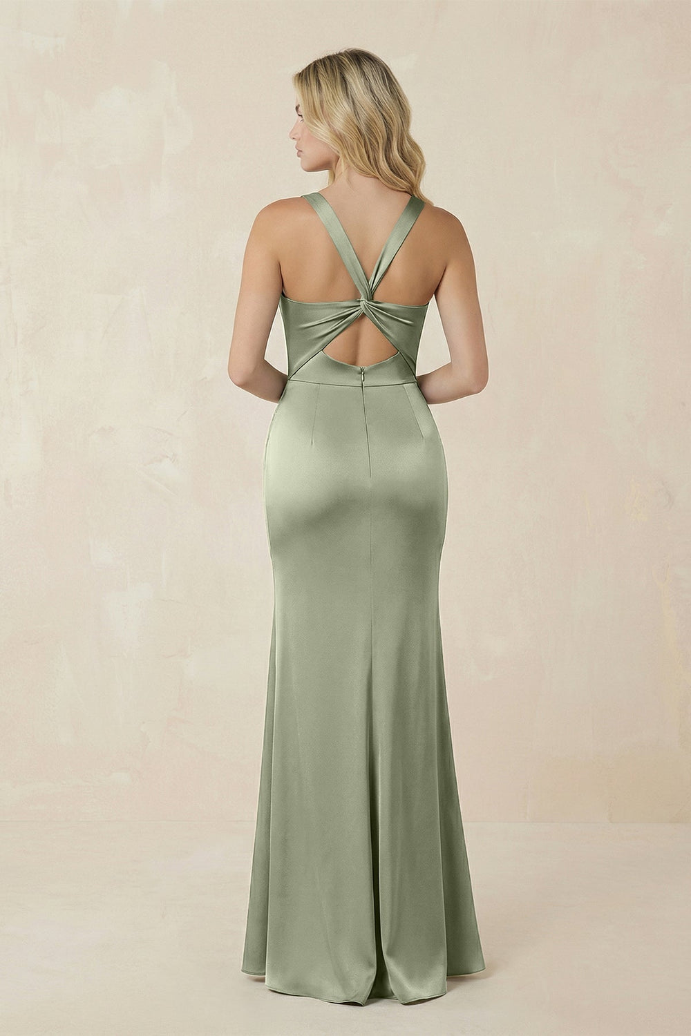 Square Neck Ruched Sheath Satin Bridesmaid Dress in Matcha - SHE IS ME Bridesmaid Dresses