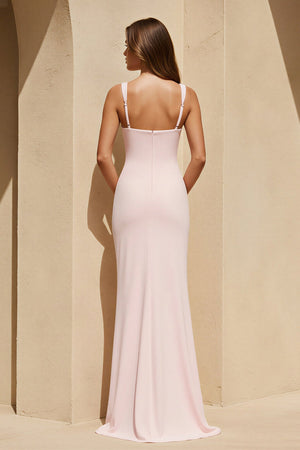 Square Neck Ruched Slit Maxi Dress in Pink - SHE IS ME Prom Dresses