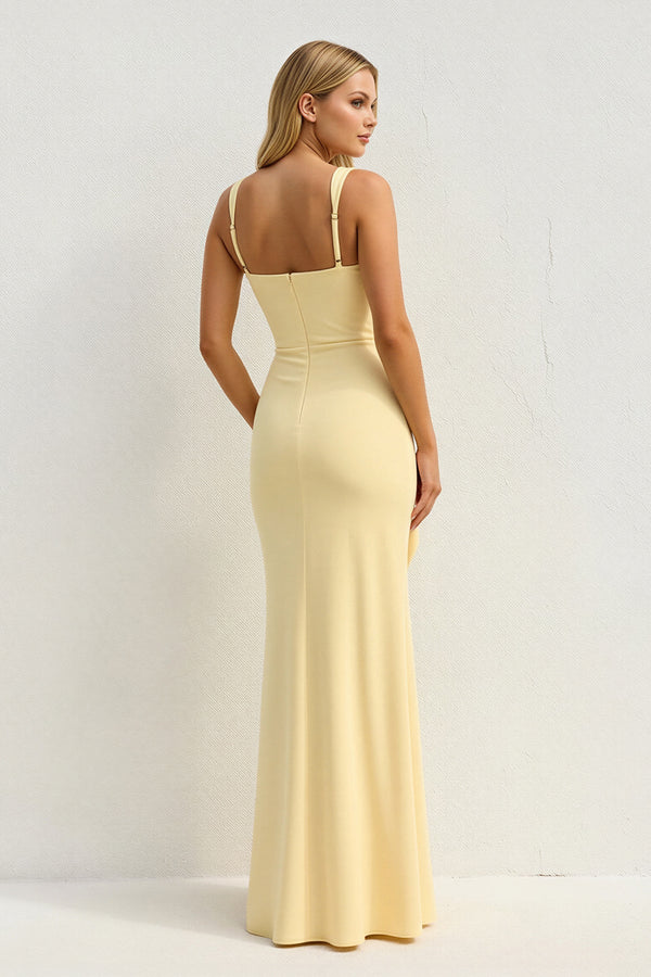 Square Neck Ruched Slit Maxi Dress in Yellow - SHE IS ME PROM DRESSES