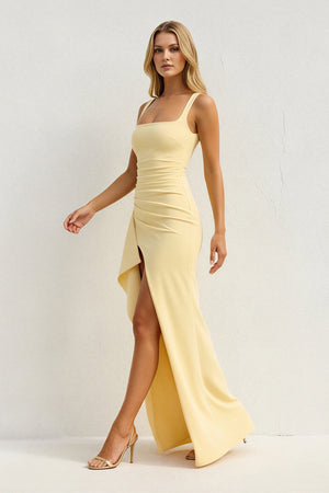 Square Neck Ruched Slit Maxi Dress in Yellow - SHE IS ME PROM DRESSES