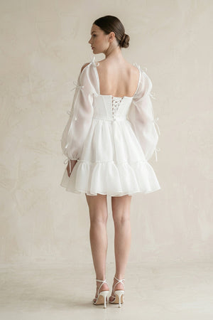 Square Neck Ruffled A - Line Long Sleeves Tulle Wedding Dress in White - SHE IS ME Wedding Dresses