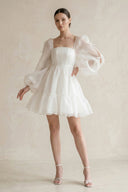 Square Neck Ruffled A - Line Long Sleeves Tulle Wedding Dress in White - SHE IS ME Wedding Dresses