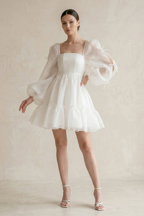 Square Neck Ruffled A - Line Long Sleeves Tulle Wedding Dress in White - SHE IS ME Wedding Dresses