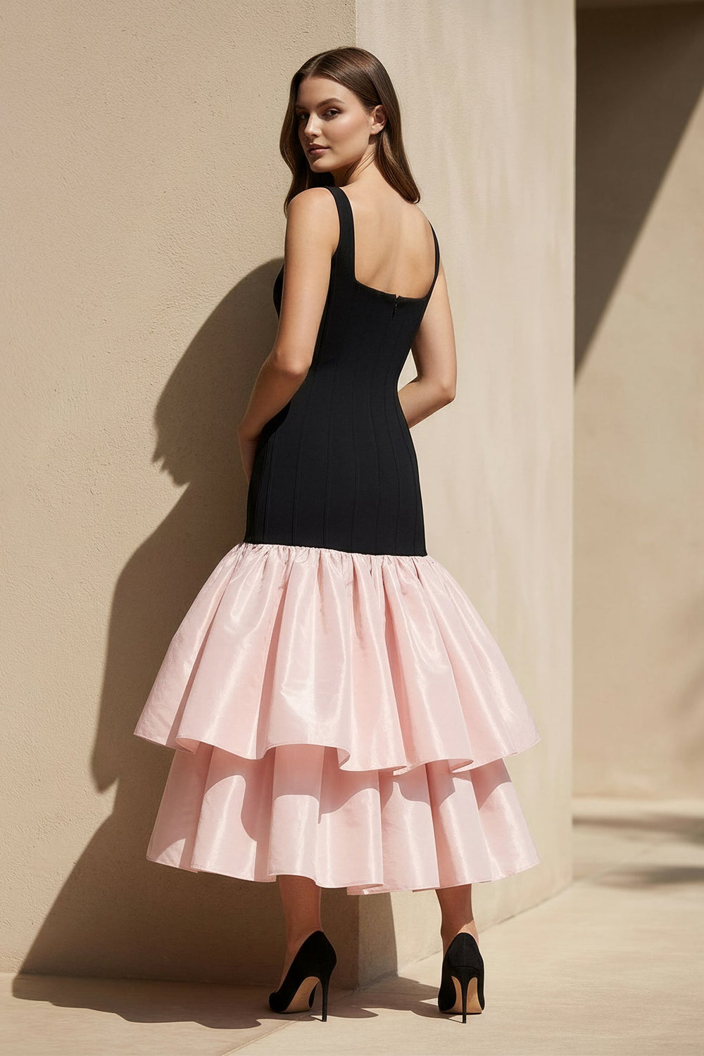 Square Neck Ruffled Midi Dress in Black and Pink - SHE IS ME