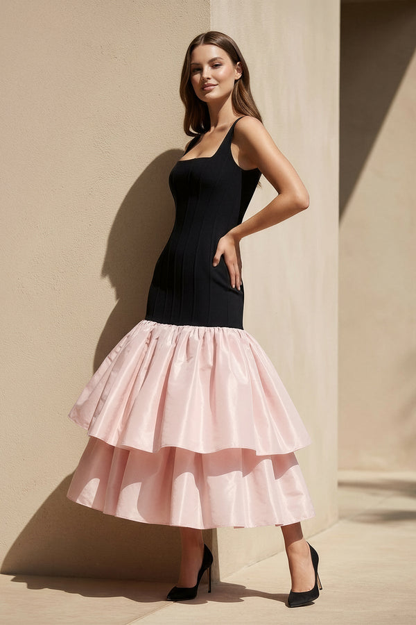Square Neck Ruffled Midi Dress in Black and Pink - SHE IS ME