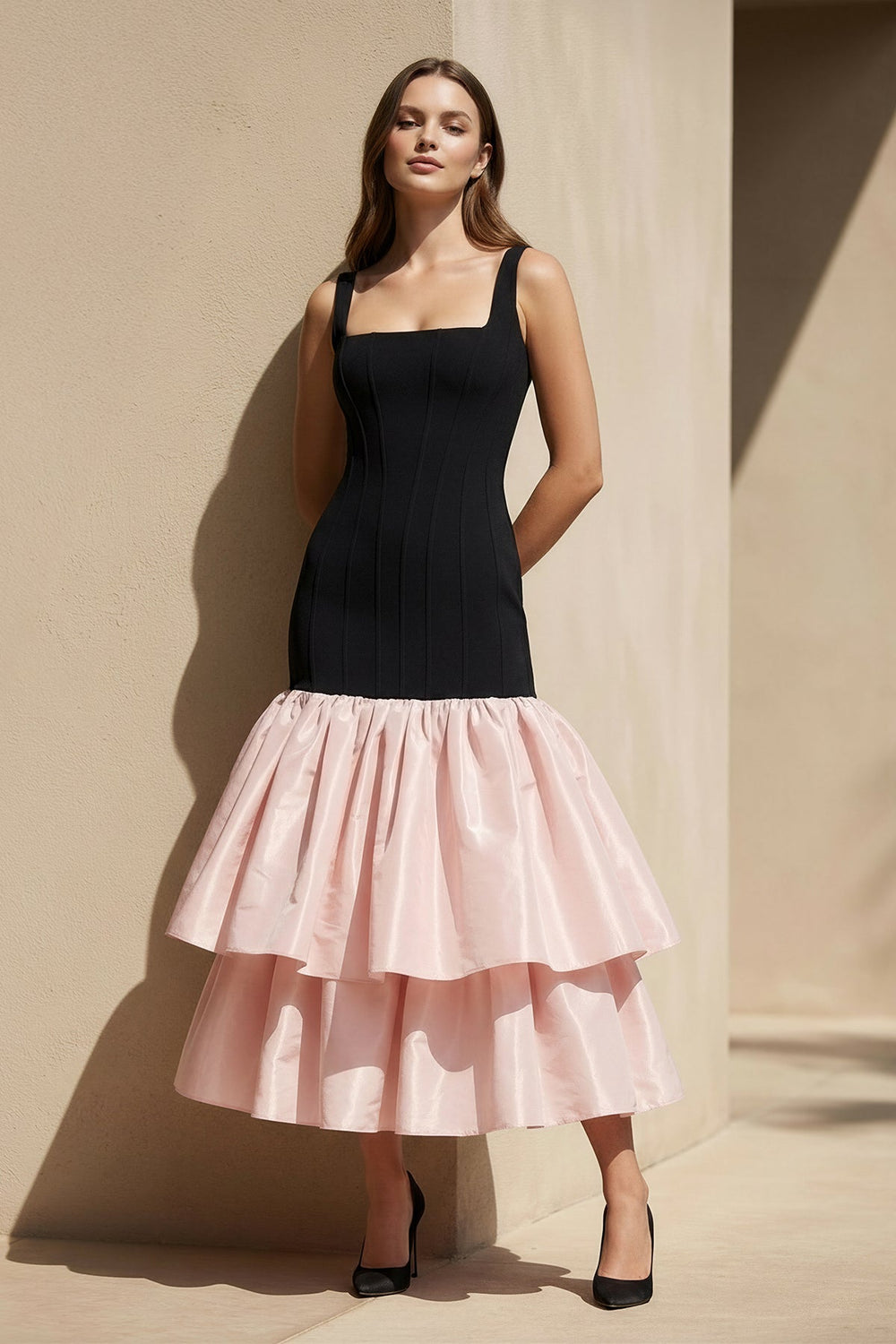 Square Neck Ruffled Midi Dress in Black and Pink - SHE IS ME