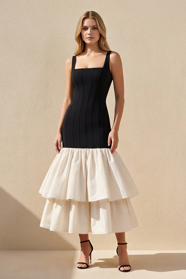 Square Neck Ruffled Midi Dress in Black and White - SHE IS ME