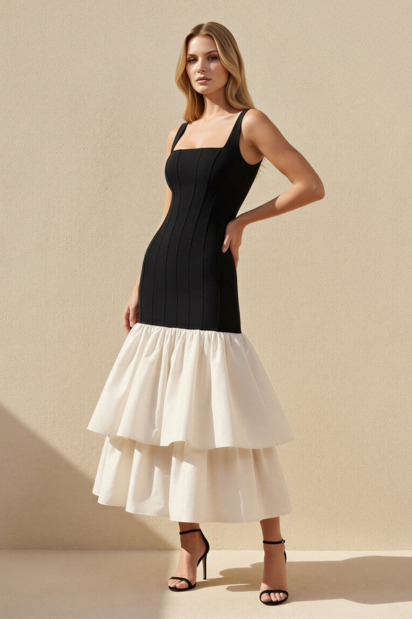 Square Neck Ruffled Midi Dress in Black and White - SHE IS ME