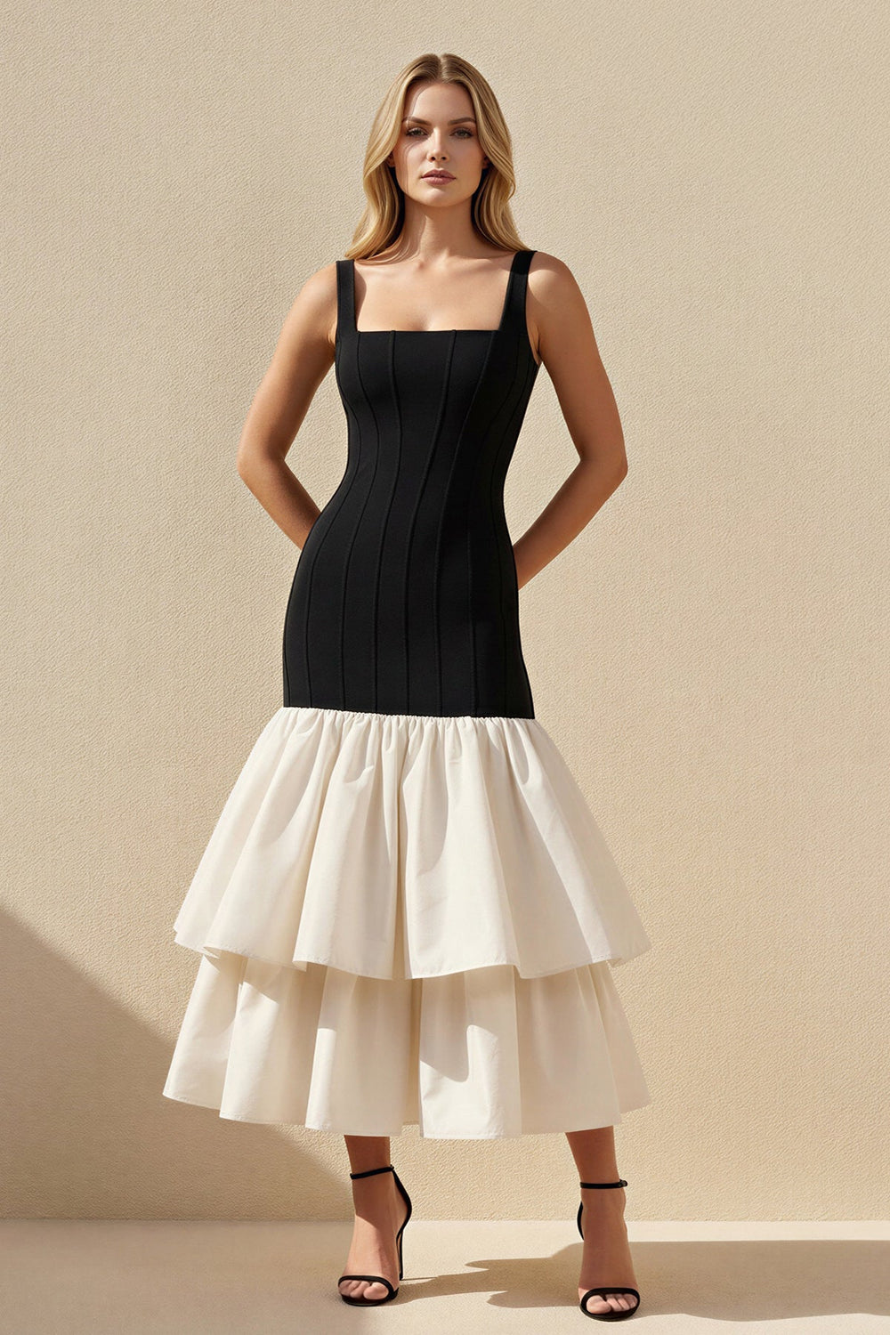 Square Neck Ruffled Midi Dress in Black and White - SHE IS ME