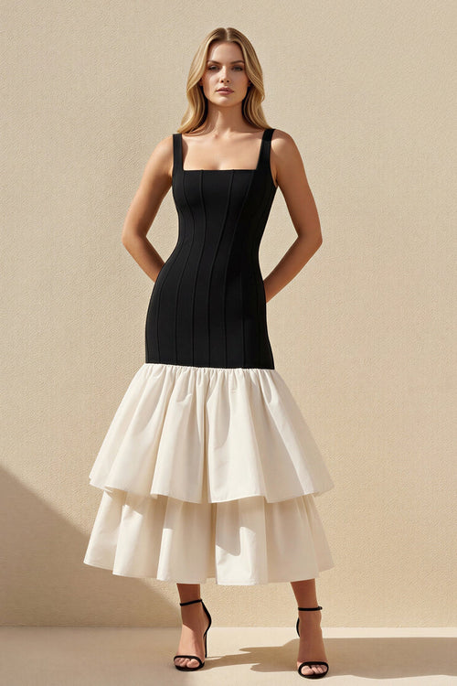 Square Neck Ruffled Midi Dress in Black and White - SHE IS ME