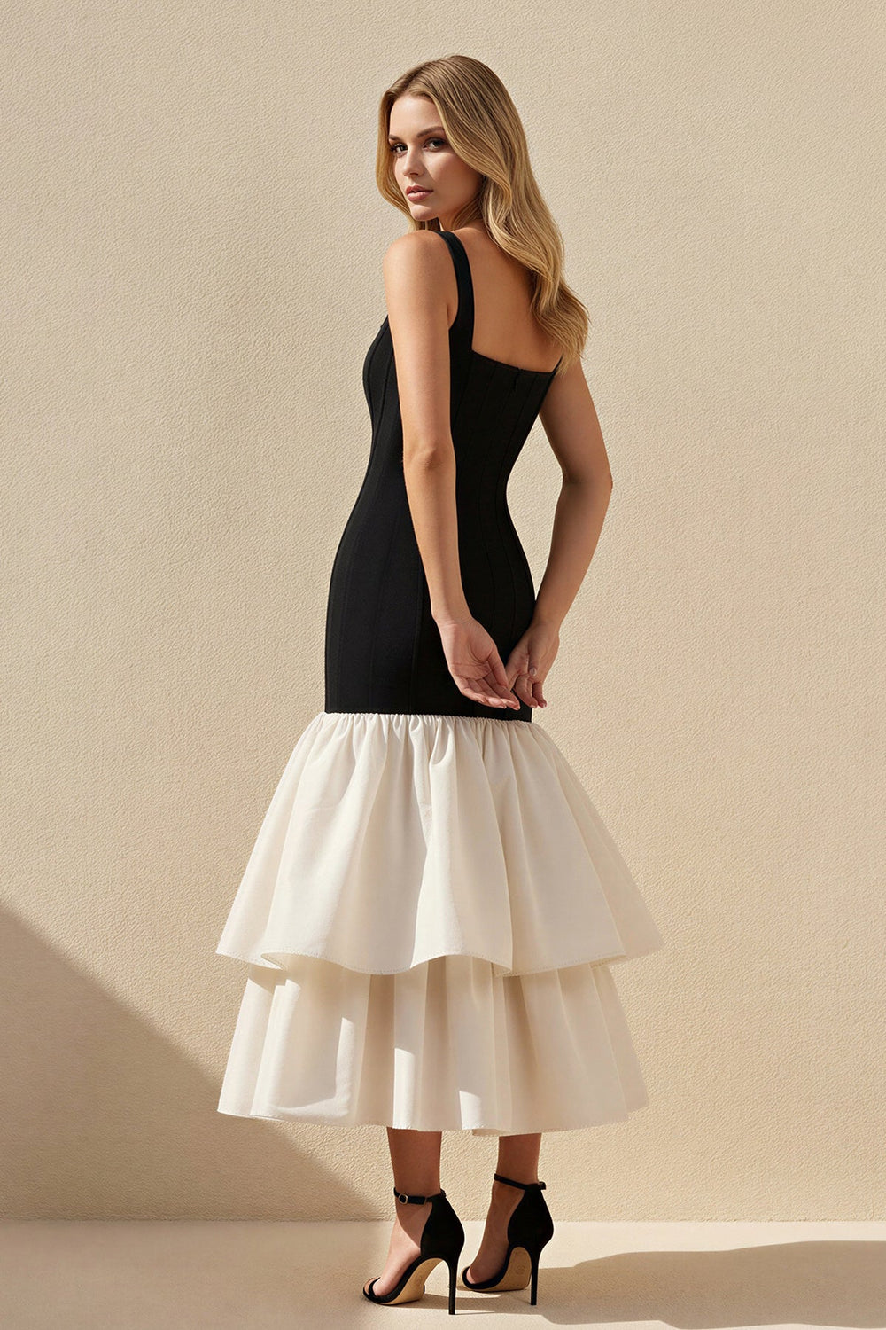 Square Neck Ruffled Midi Dress in Black and White - SHE IS ME