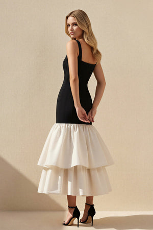 Square Neck Ruffled Midi Dress in Black and White - SHE IS ME