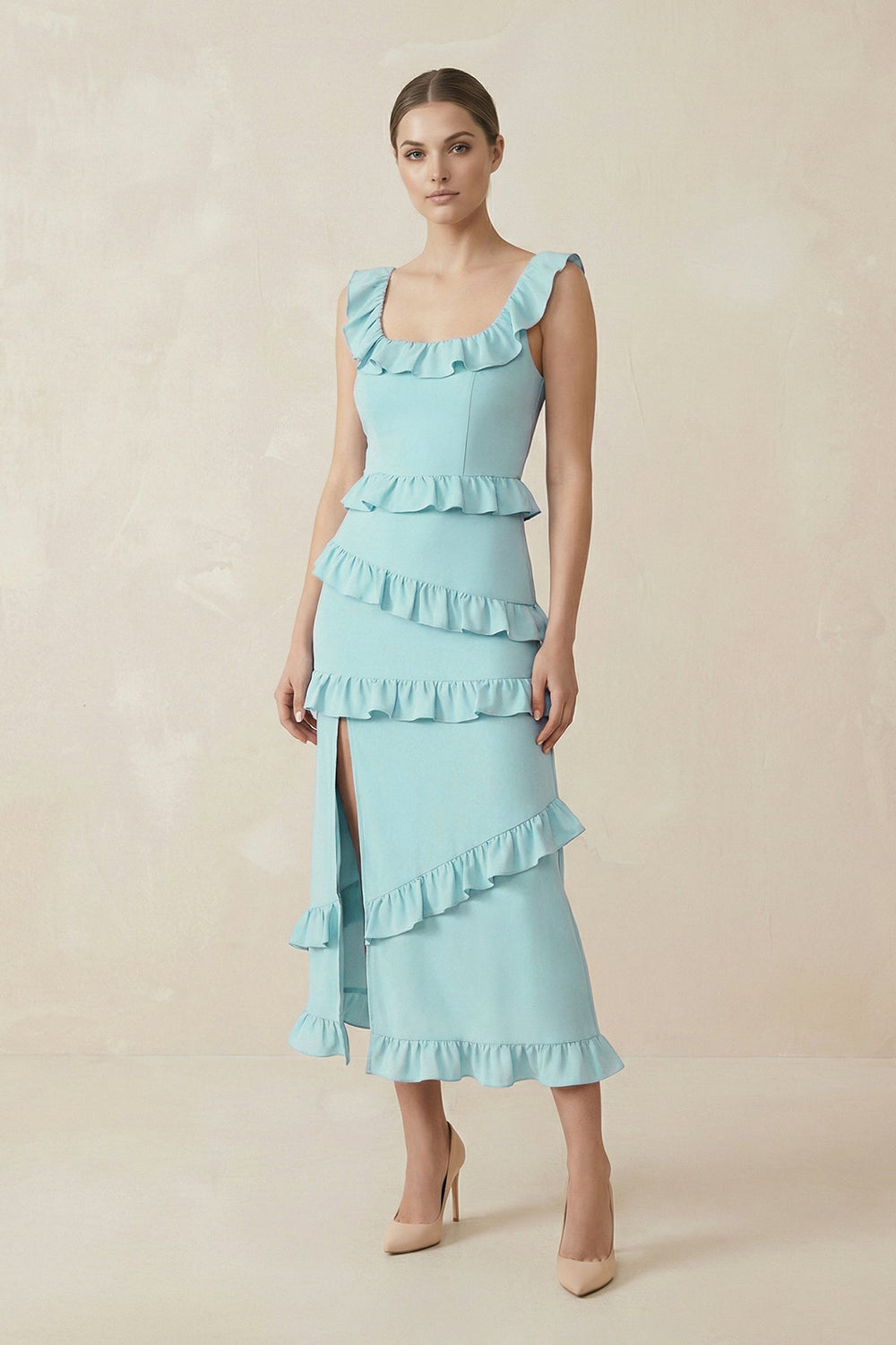 Square Neck Ruffled Sheath Satin Midi Bridesmaid Dress in Bleached Aqua - SHE IS ME Bridesmaid Dresses