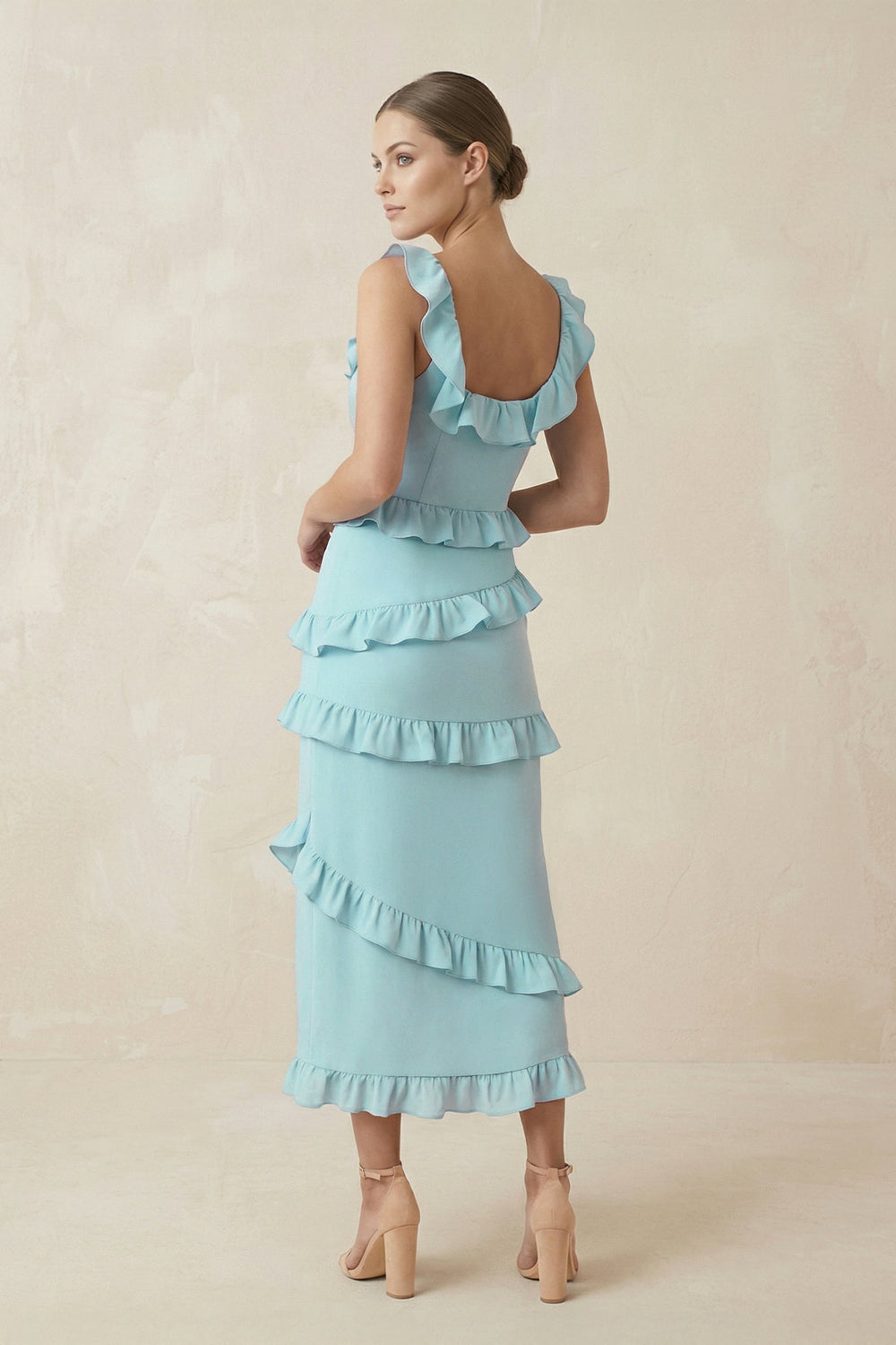 Square Neck Ruffled Sheath Satin Midi Bridesmaid Dress in Bleached Aqua - SHE IS ME Bridesmaid Dresses