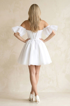 Square Neck Ruffled Sleeves A - Line Satin Wedding Dress in White - SHE IS ME Wedding Dresses
