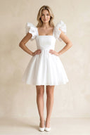 Square Neck Ruffled Sleeves A - Line Satin Wedding Dress in White - SHE IS ME Wedding Dresses