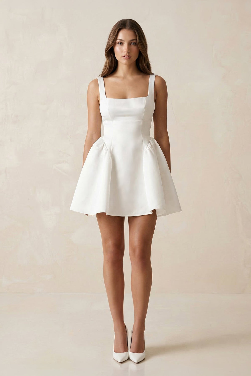 Square Neck Satin A - Line Mini Wedding Dress in White - SHE IS ME Wedding Dresses